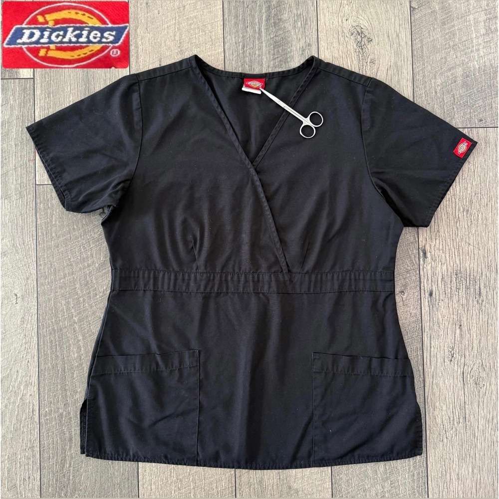Dickies Womens Black Mock Wrap Scrub Top V-Neck Empire Waist Short Sleeve Medium